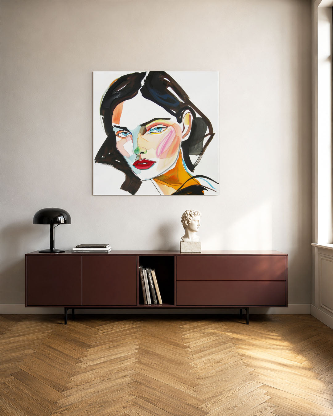 Portret kunstwerk – tweede productweergave – dit werk toont een portret met vloeiende lijnen en levendige kleuren. De