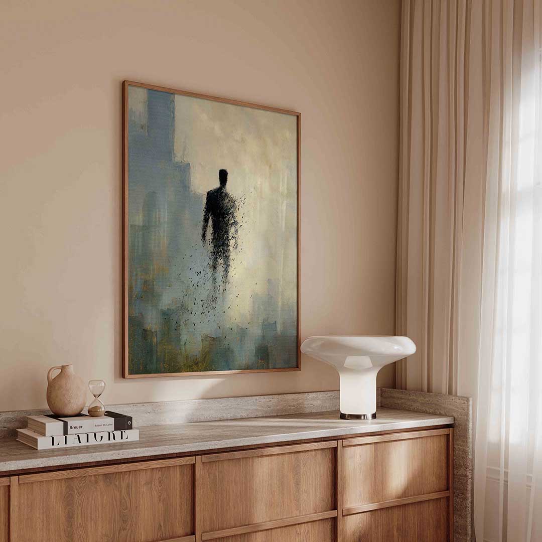 Figuur in mist – abstracte poster in staand formaat