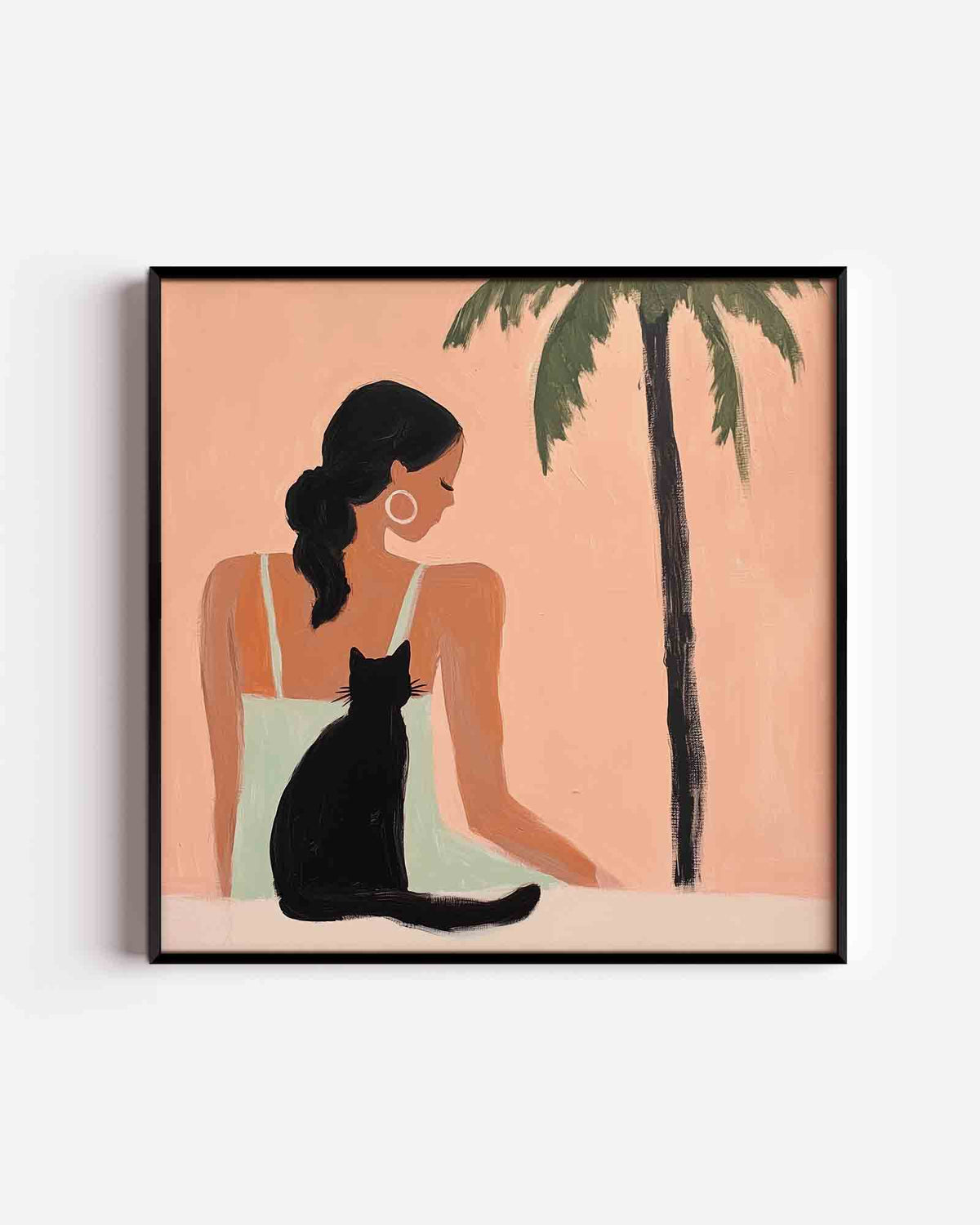 Vrouw met kat en palm – jungle vierkante poster als wanddecoratie