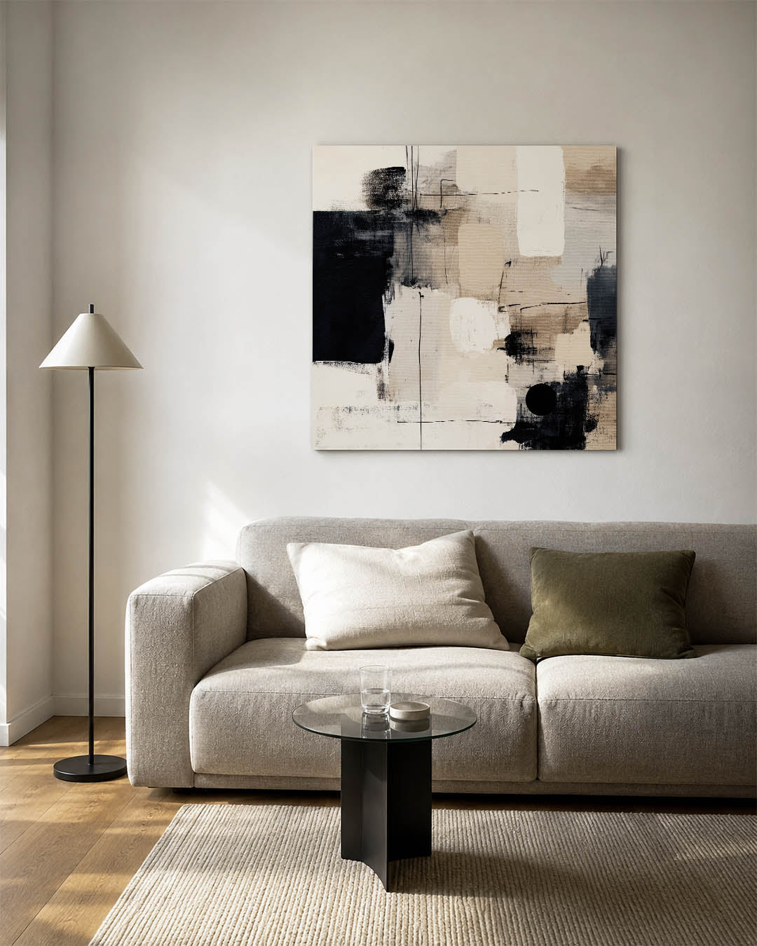 Geometrische compositie kunstwerk – vierkante wanddecoratie – dit werk toont een dynamisch spel van vormen en lijnen in