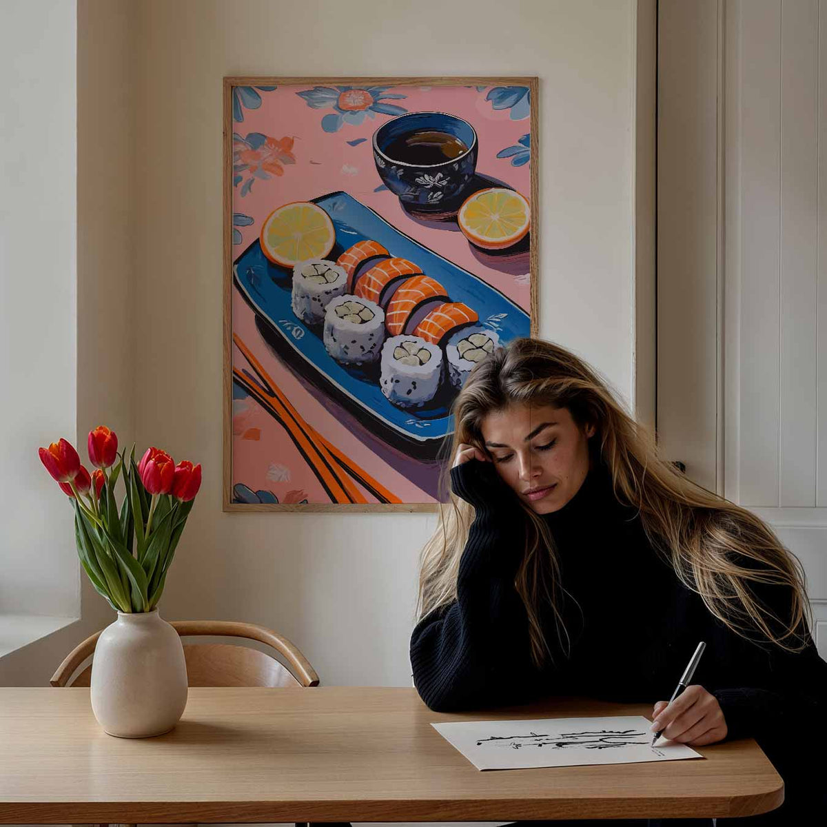 Stijlvolle Sushi Illustratie – keuken poster als sfeervolle staande wanddecoratie