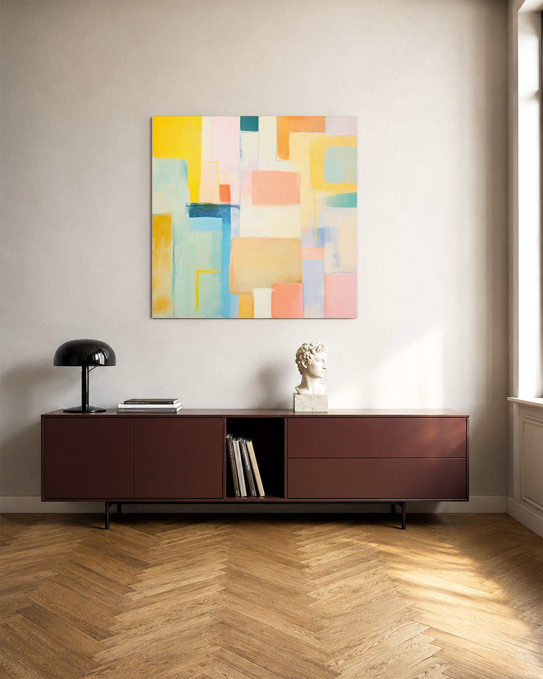 Kleurrijke geometrie kunstwerk – tweede productweergave – dit werk toont een levendige compositie van rechthoeken in zachte