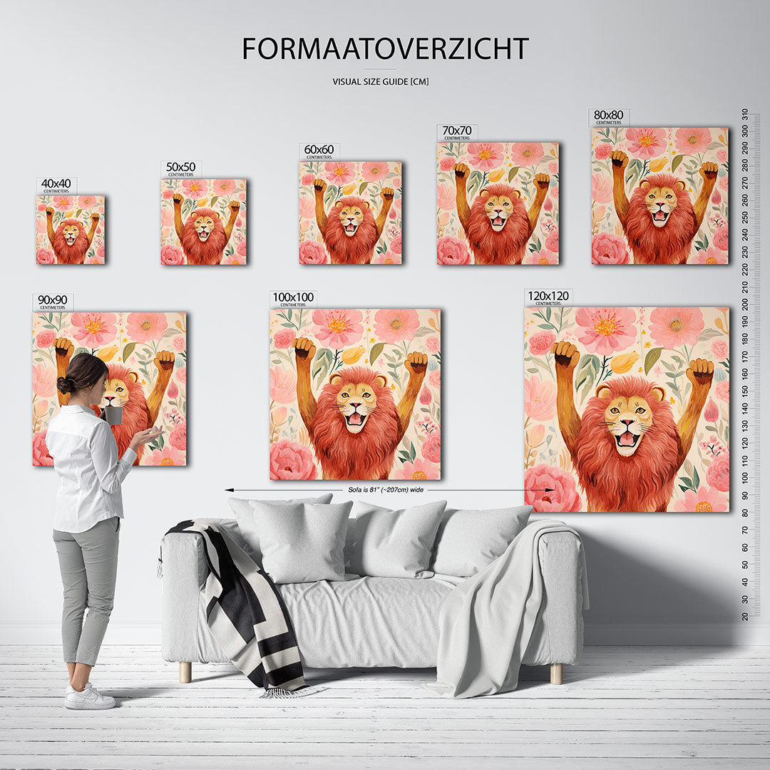 Vrolijke leeuw en bloemen kunstwerk – sfeerbeeld – dit werk toont een leeuw met opgeheven poten omringd door grote roze