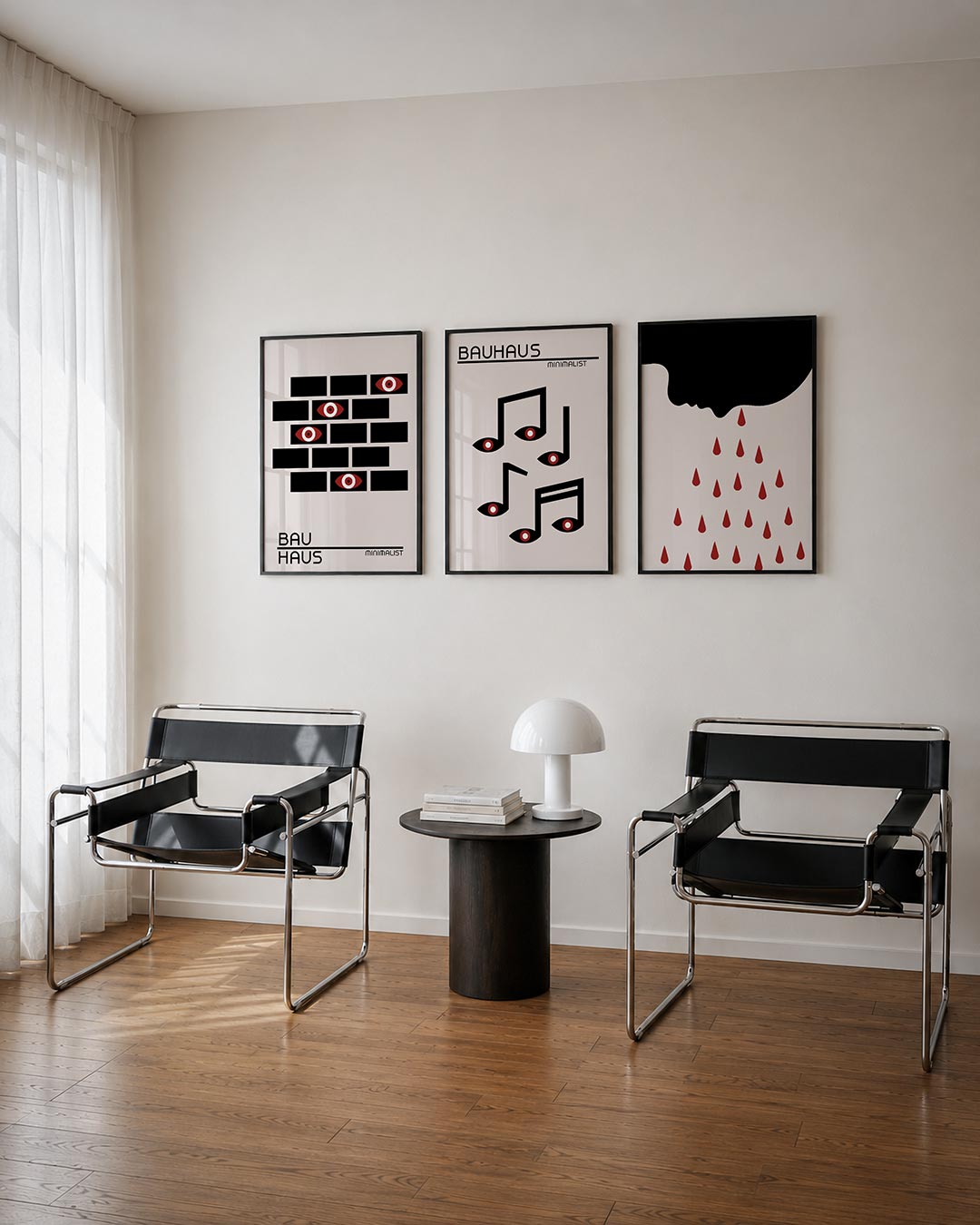 Oog en blok driedelige posterset – deze posterset in drie delen toont een ritme van zwarte rechthoeken met rode ogen. De ogen