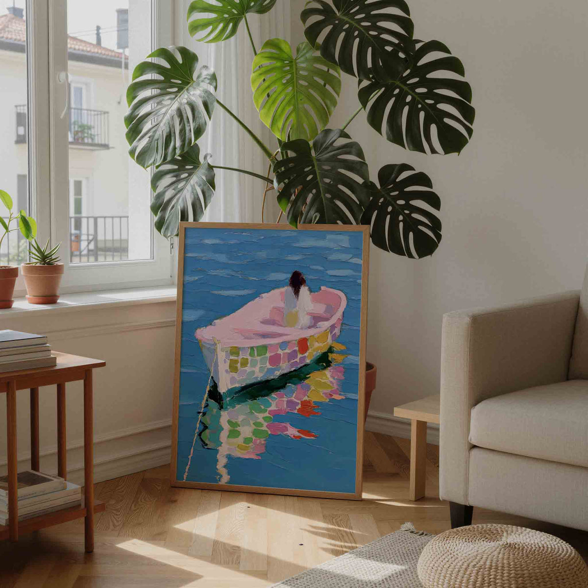 Boot op blauwe zee – staande dromerige wanddecoratie van WallArtistic