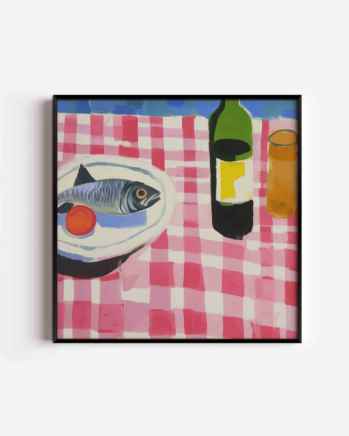 Vis en fles op tafel – keuken vierkante poster als wanddecoratie