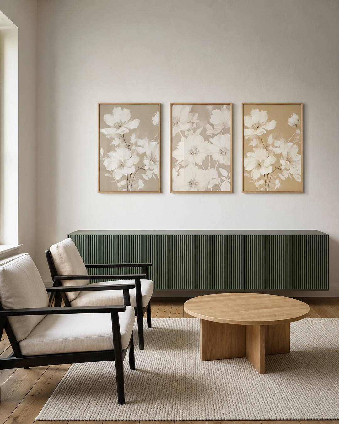 Bloemrijke zachttekening – deze posterset in drie delen toont delicate witte bloemen op een zachte beige – weergave 2