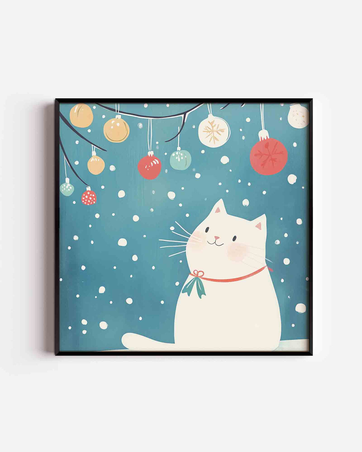 Witte kat met kerstballen – vierkante kinderposter als wanddecoratie