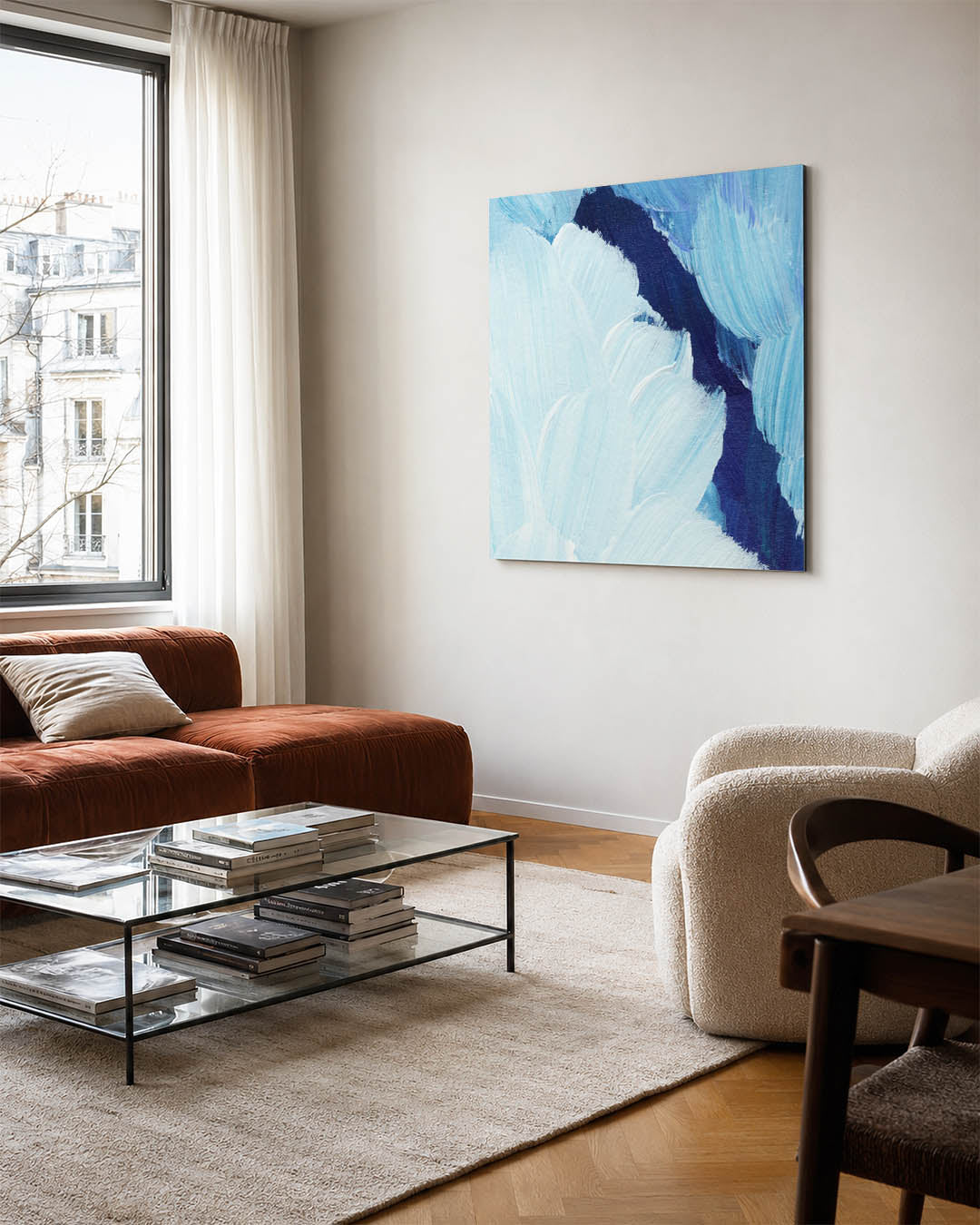 Kleurrijke borstelstreken kunstwerk – vierkante wanddecoratie – dit werk toont vloeiende blauwe en witte borstelstreken met