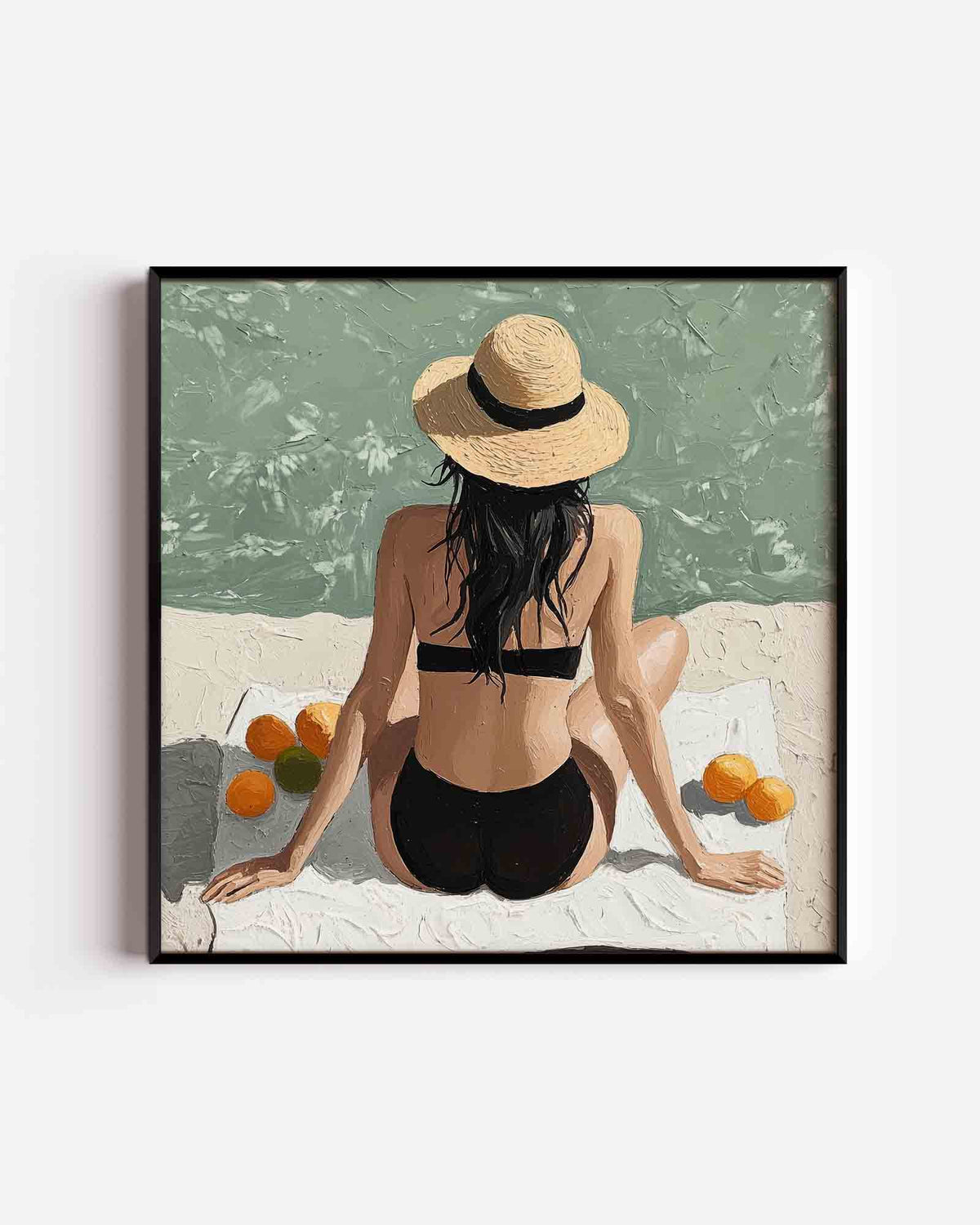 Vrouw op strand met hoed – moderne vierkante poster als wanddecoratie