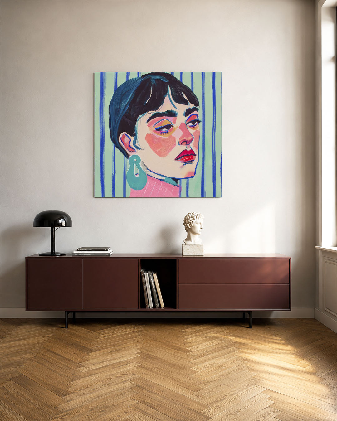 Portret kunstwerk – tweede productweergave – dit kunstwerk toont een portret met levendige kleuren en gedurfde lijnen. De