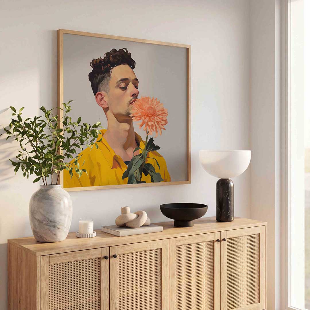 Man met bloem – kunst en design poster in vierkant formaat