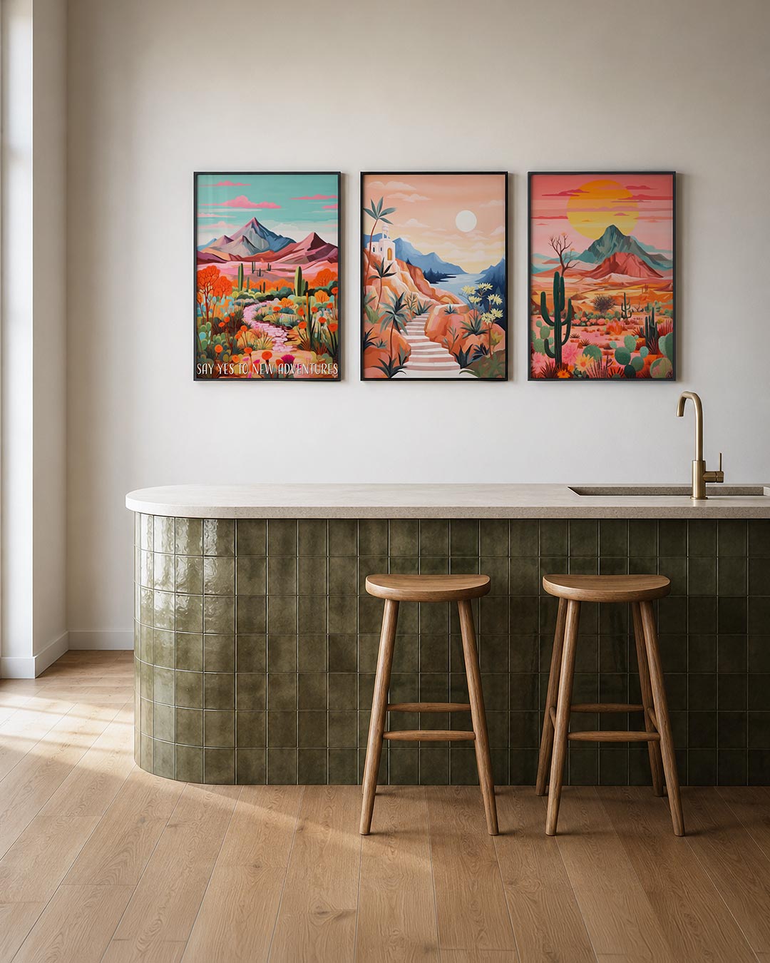 Kleurrijke bergen posterset – tweede productweergave – een levendige berglandschap met roze, oranje en groene