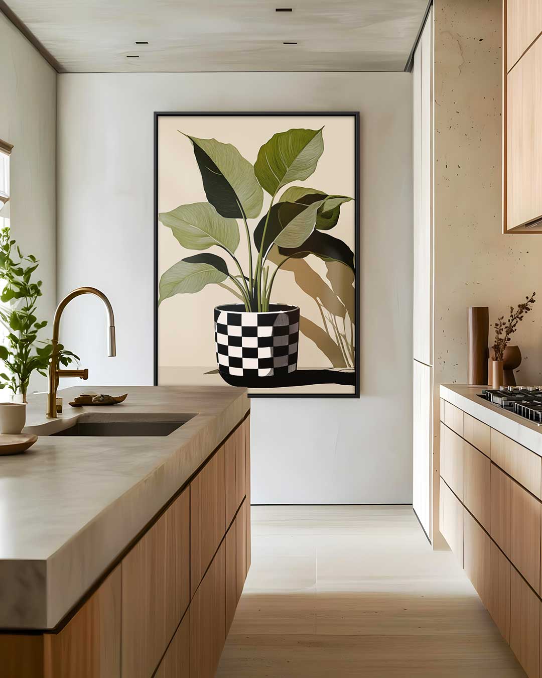 Checkered Plant Pot Art – plexiglas wanddecoratie in portret formaat
