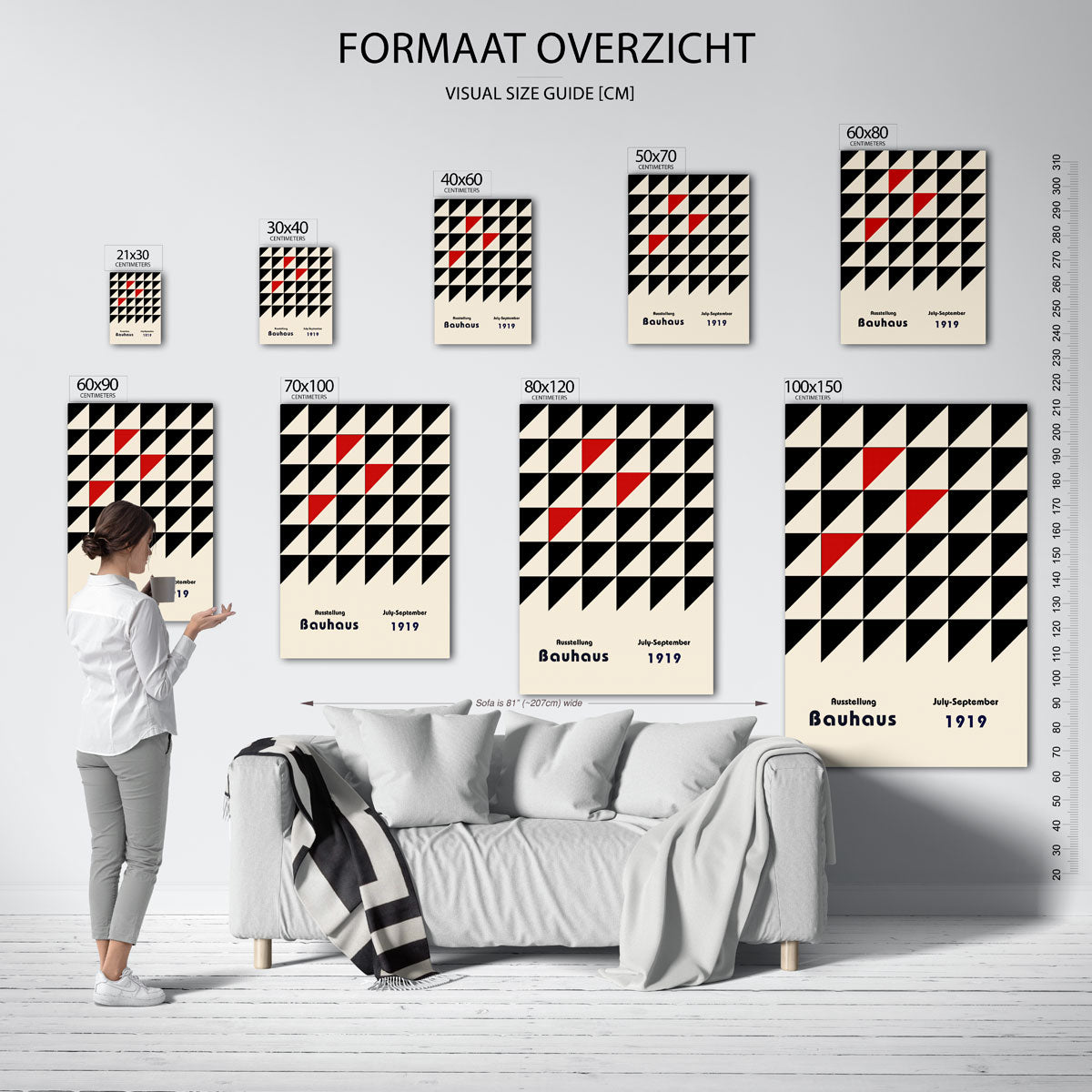 Driehoekpatroon en tekst – geometrische poster in Bauhaus-stijl van WallArtistic