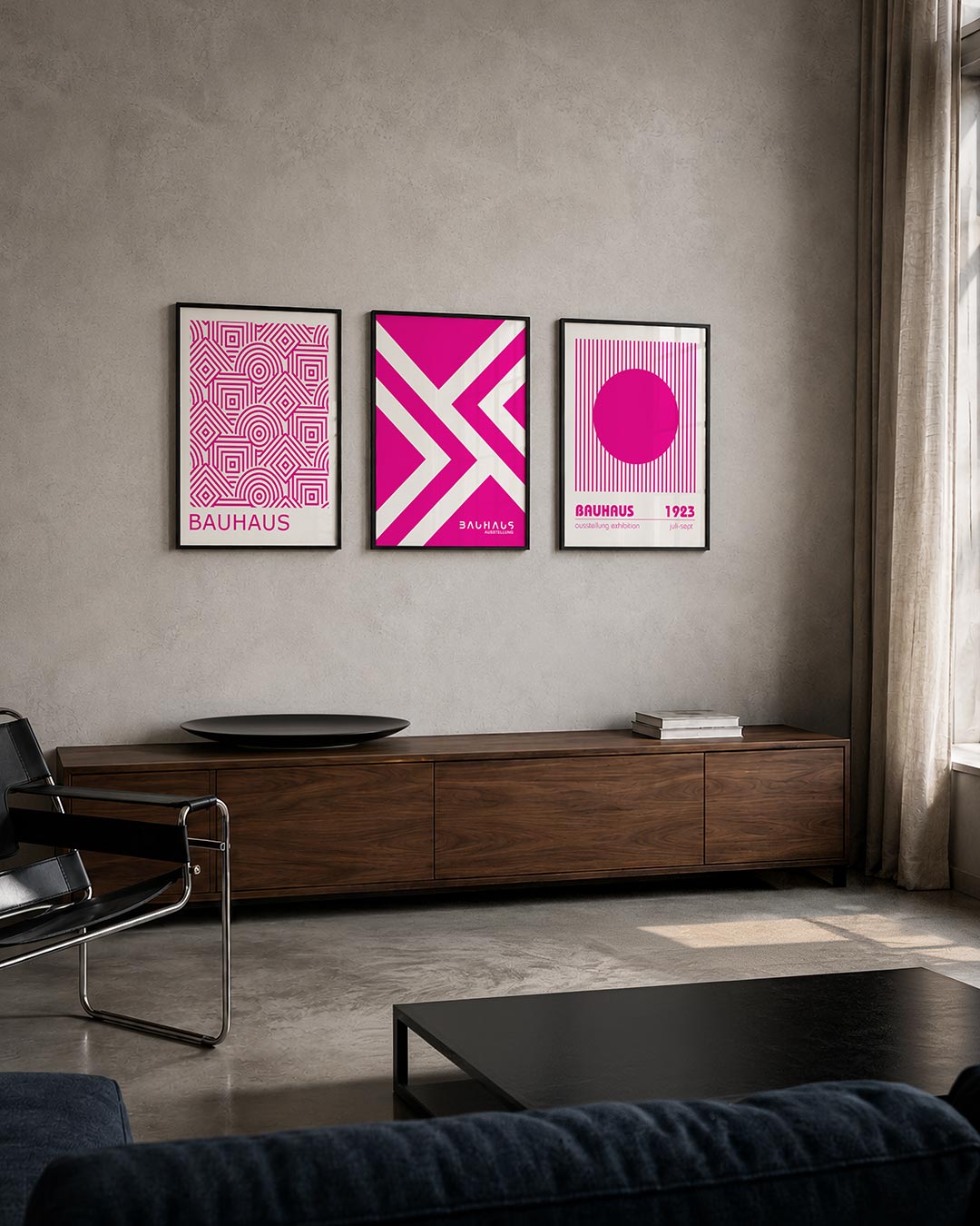 Lijnen en patronen driedelige posterset – deze posterset in drie delen toont een levendig lijnenspel van roze geometrische