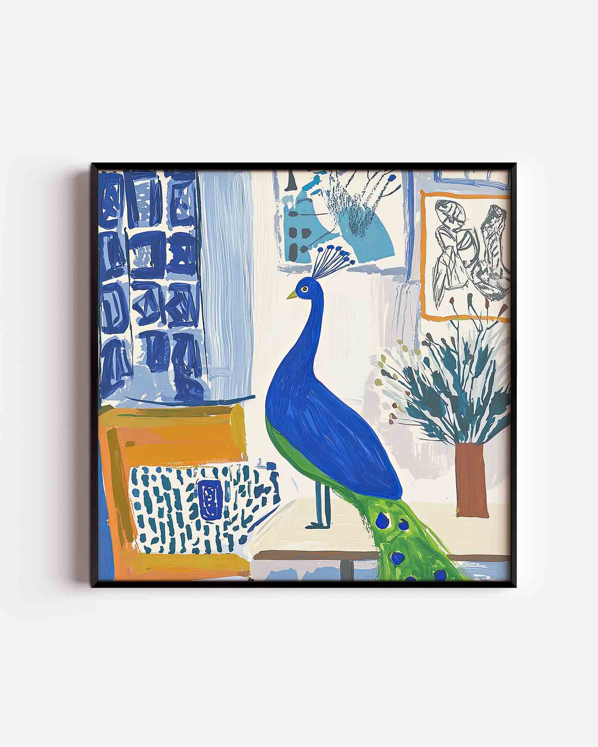 Pauw met blauwe accenten – vierkante dierenposter als wanddecoratie
