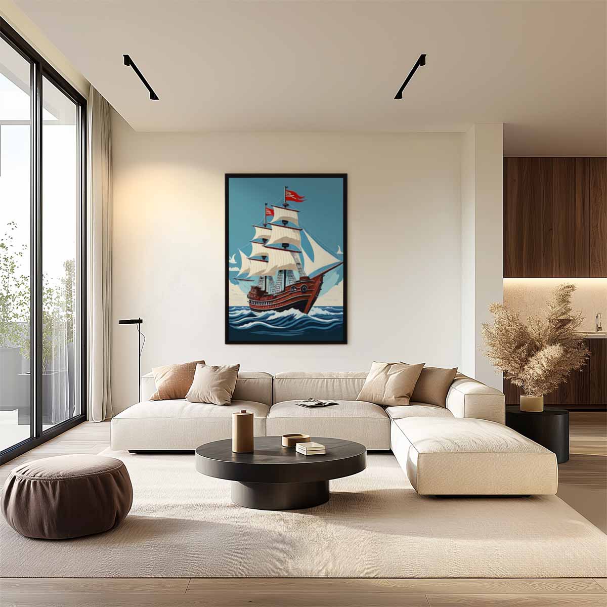 Avontuurlijk Zeilschip op Zee – kunstwerk met zwarte baklijst