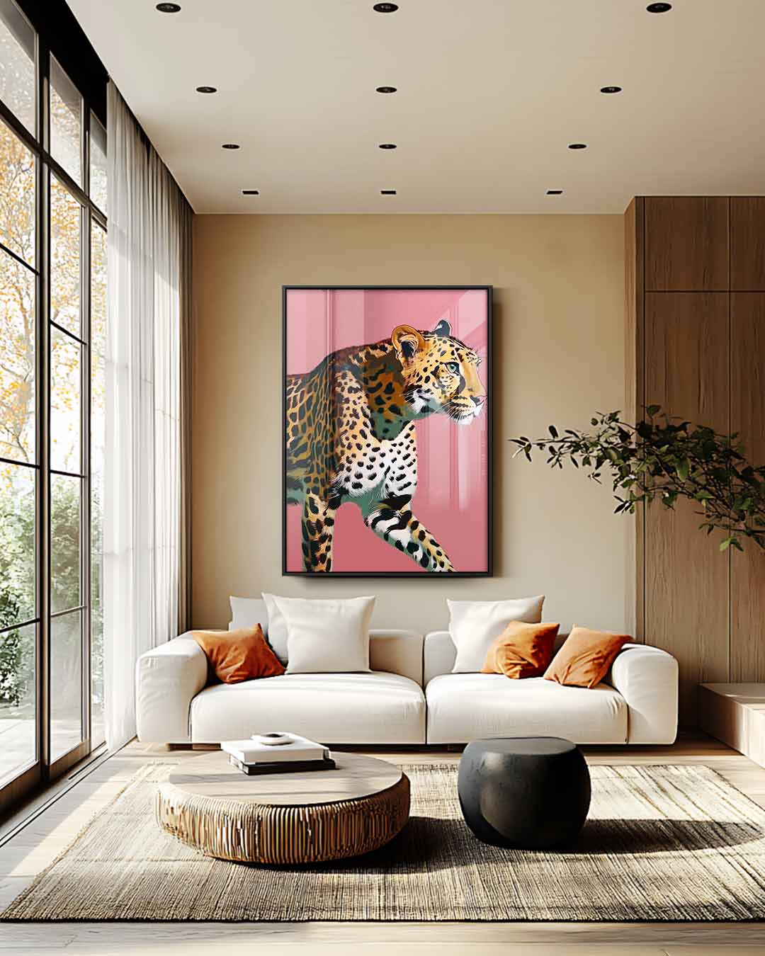 Elegante Luipaard op Roze Achtergrond – modern portret kunstwerk van WallArtistic
