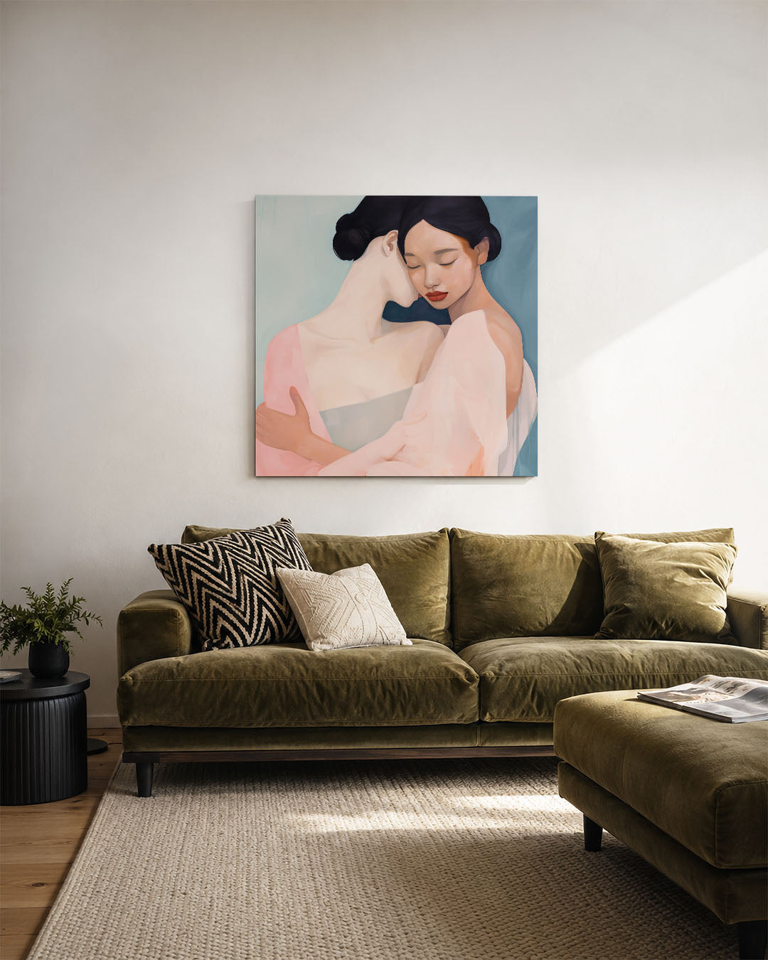 Intieme omhelzing kunstwerk – derde productweergave – dit kunstwerk toont twee figuren in een zachte omhelzing. De vloeiende