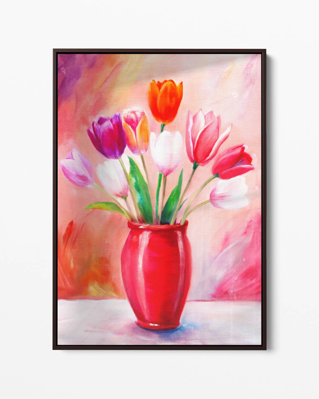 Vrolijke Tulpen in Rode Vaas – portret kunstwerk als wanddecoratie
