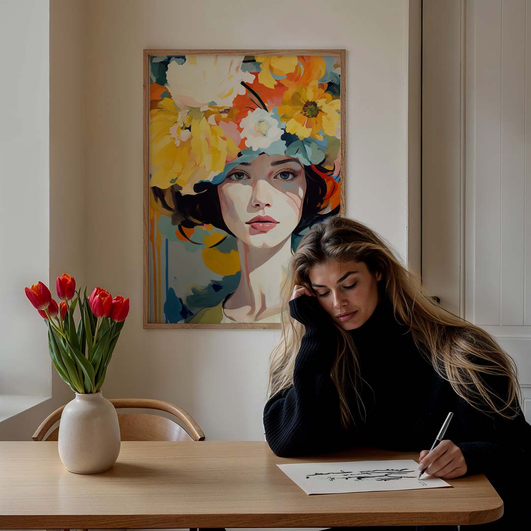 Vrouwelijke Elegant Bloemenportret – staande vrouwelijke wanddecoratie van WallArtistic