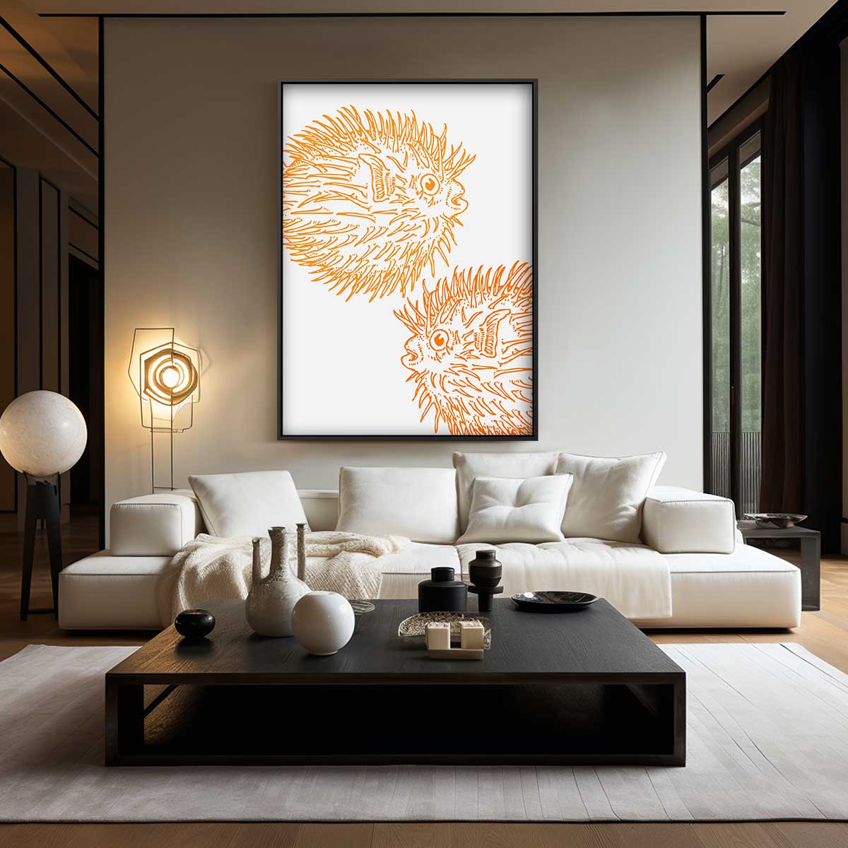 Opvallende Oranje Kogelvis Illustratie – modern portret kunstwerk van WallArtistic