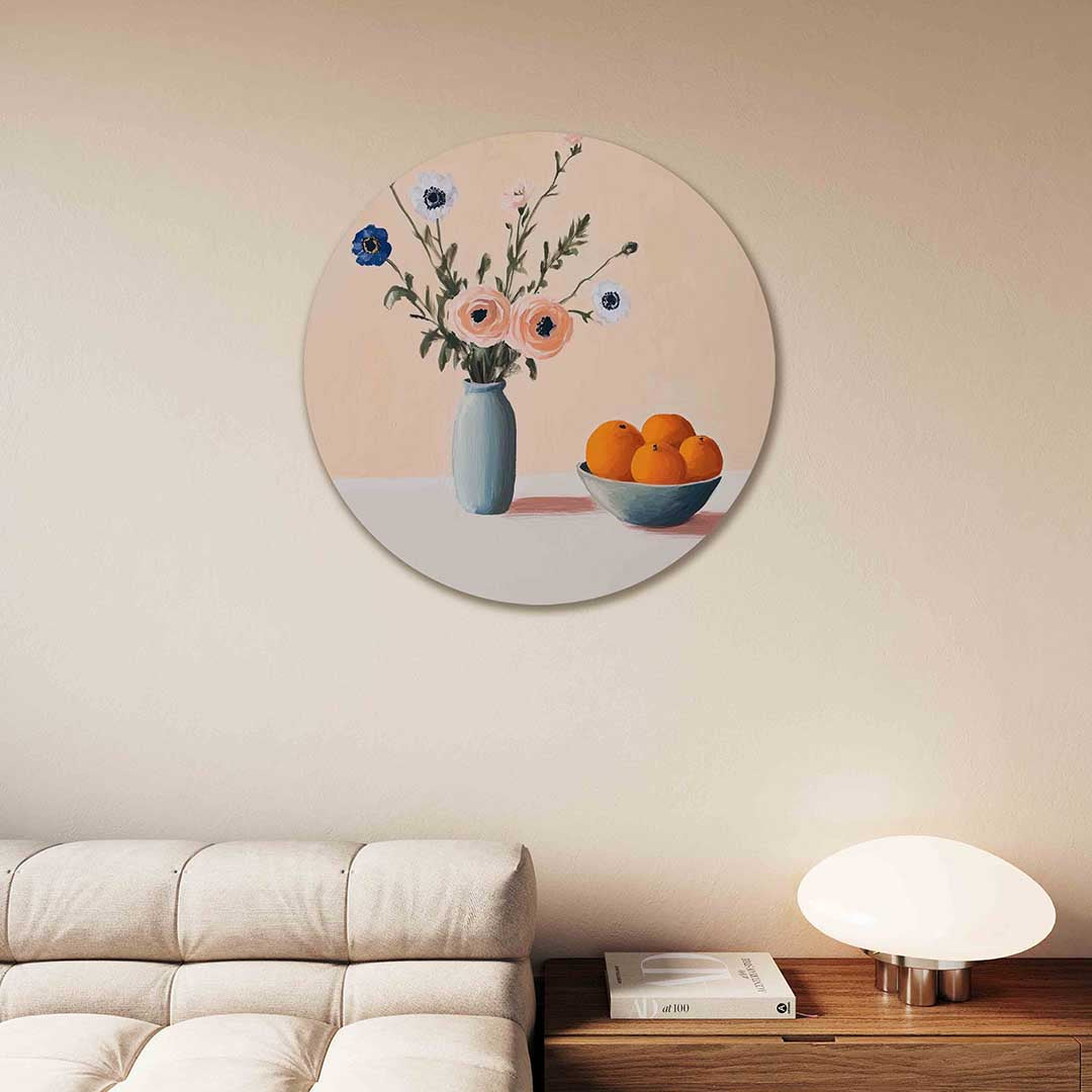 Bloemen en fruit – moderne abstracte muurcirkel voor aan de muur