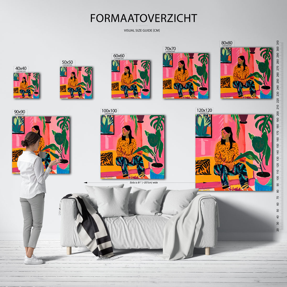 Vrouw op bank – vierkante muurposter met kleurrijke illustratie