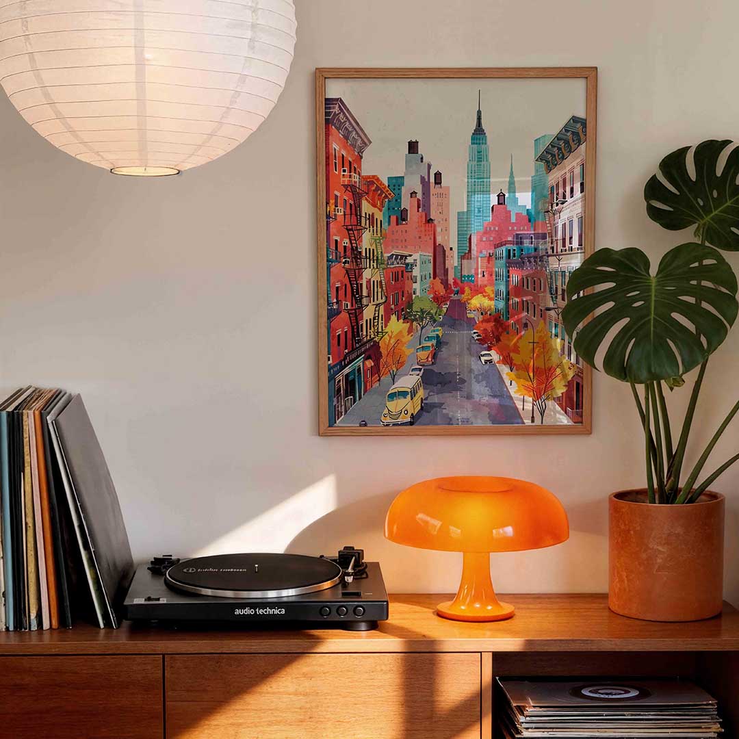 Stadsgezicht met kleurrijke gebouwen – staande kleurrijke wanddecoratie van WallArtistic