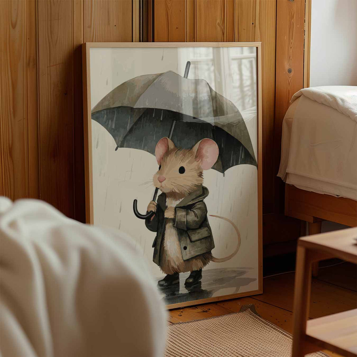 Schattige Muis in de Regen – kinderposter in staand formaat