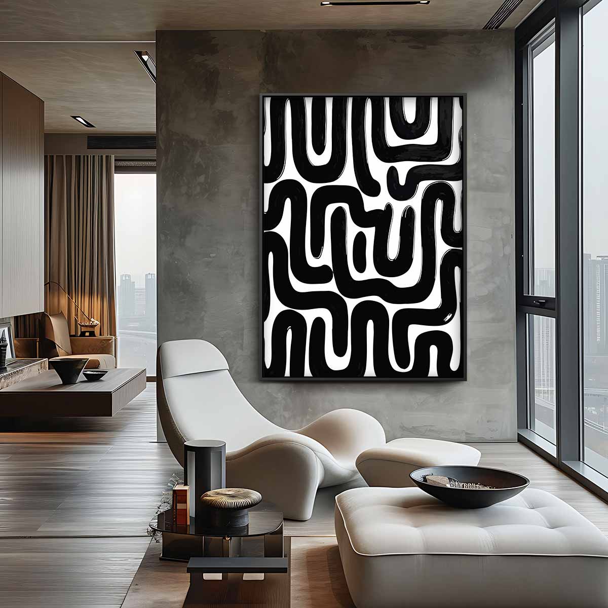 Abstracte Zwarte Patroonkunst – canvas wanddecoratie in portret formaat
