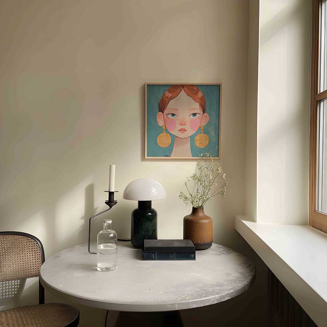 Meisje met grote oorbellen – moderne wandkunst als vierkante poster