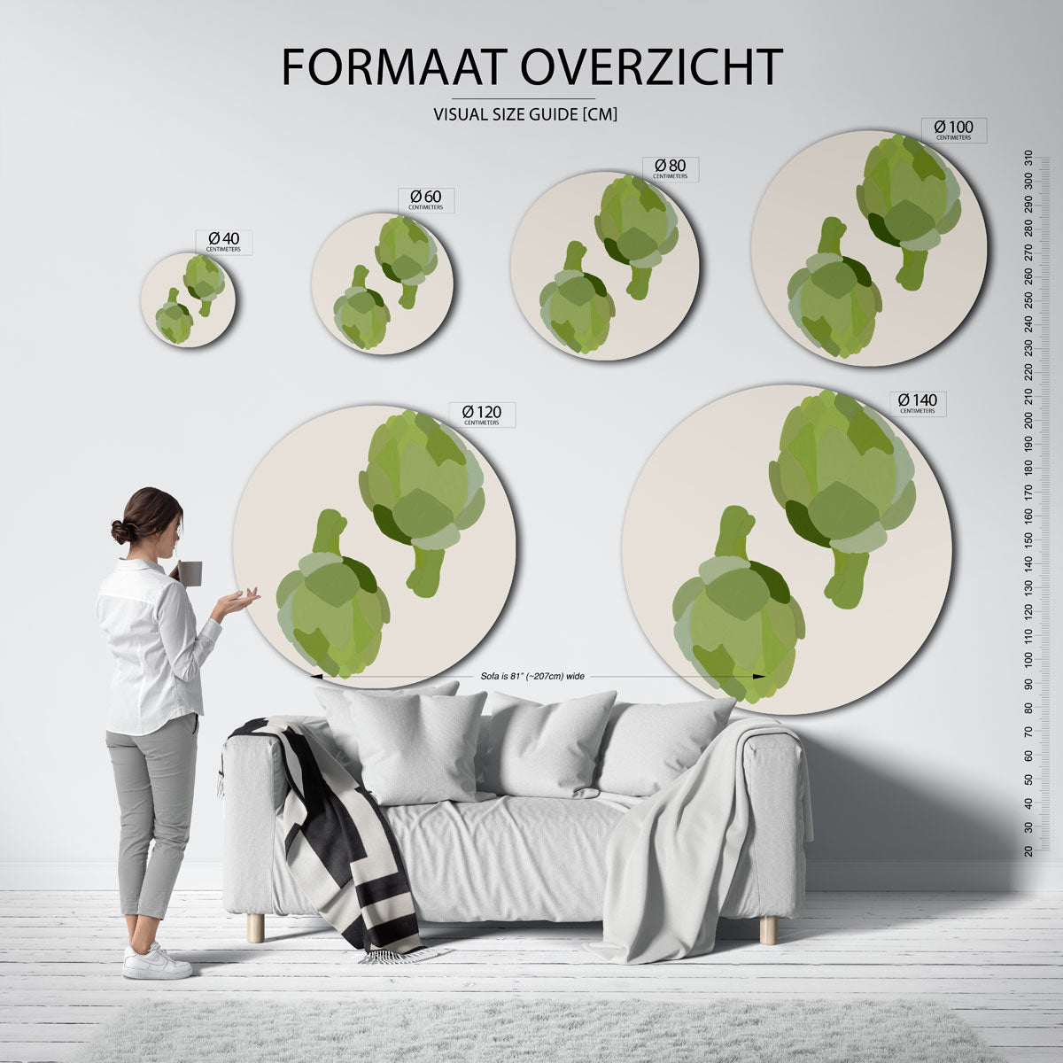 Groene artisjokken – abstracte wandkunst met textuur als muurcirkel