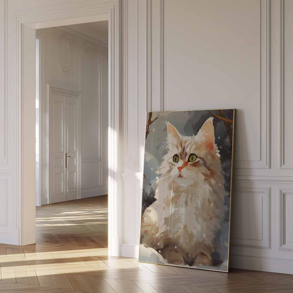 Kat in de Sneeuw – dierenposter als moderne staande wanddecoratie
