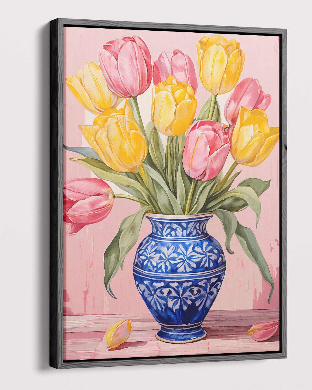 Stralende Tulpen in Blauwe Vaas – dibond kunstwerk als wanddecoratie