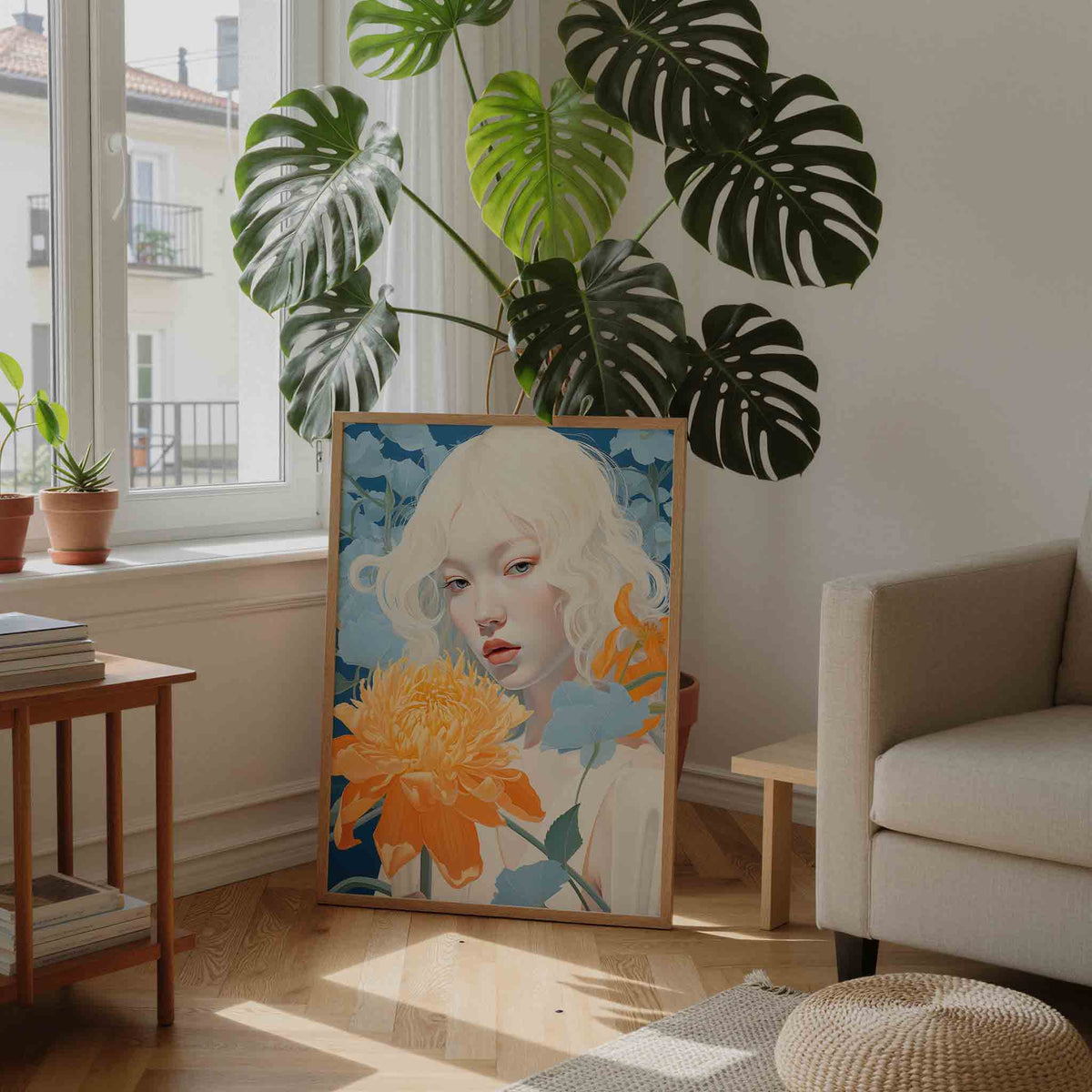 Vrouw met oranje bloem – staande botanische wanddecoratie van WallArtistic