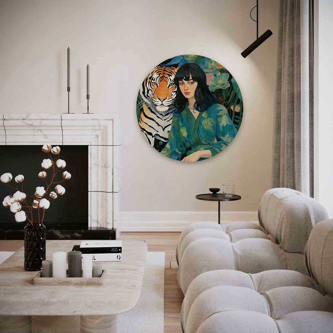 Tijger en vrouw – abstracte textuur muurcirkel als wanddecoratie