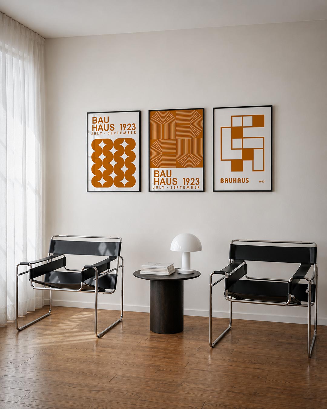 Vorm en ritme driedelige posterset – deze posterset in drie delen toont een speelse ordening van oranje halve cirkels en