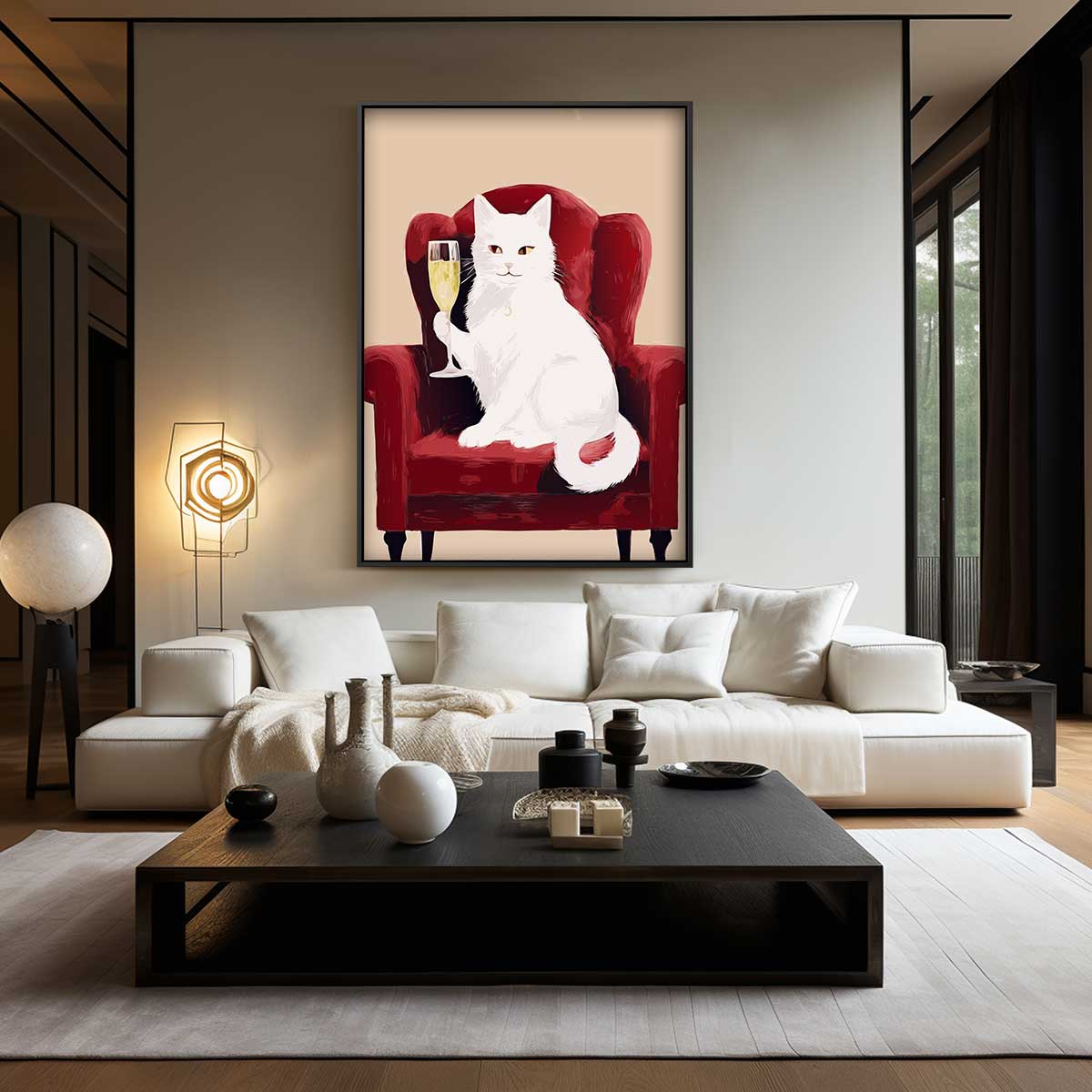 Aristocratische Kat op Rode Fauteuil – kunstwerk met zwarte baklijst