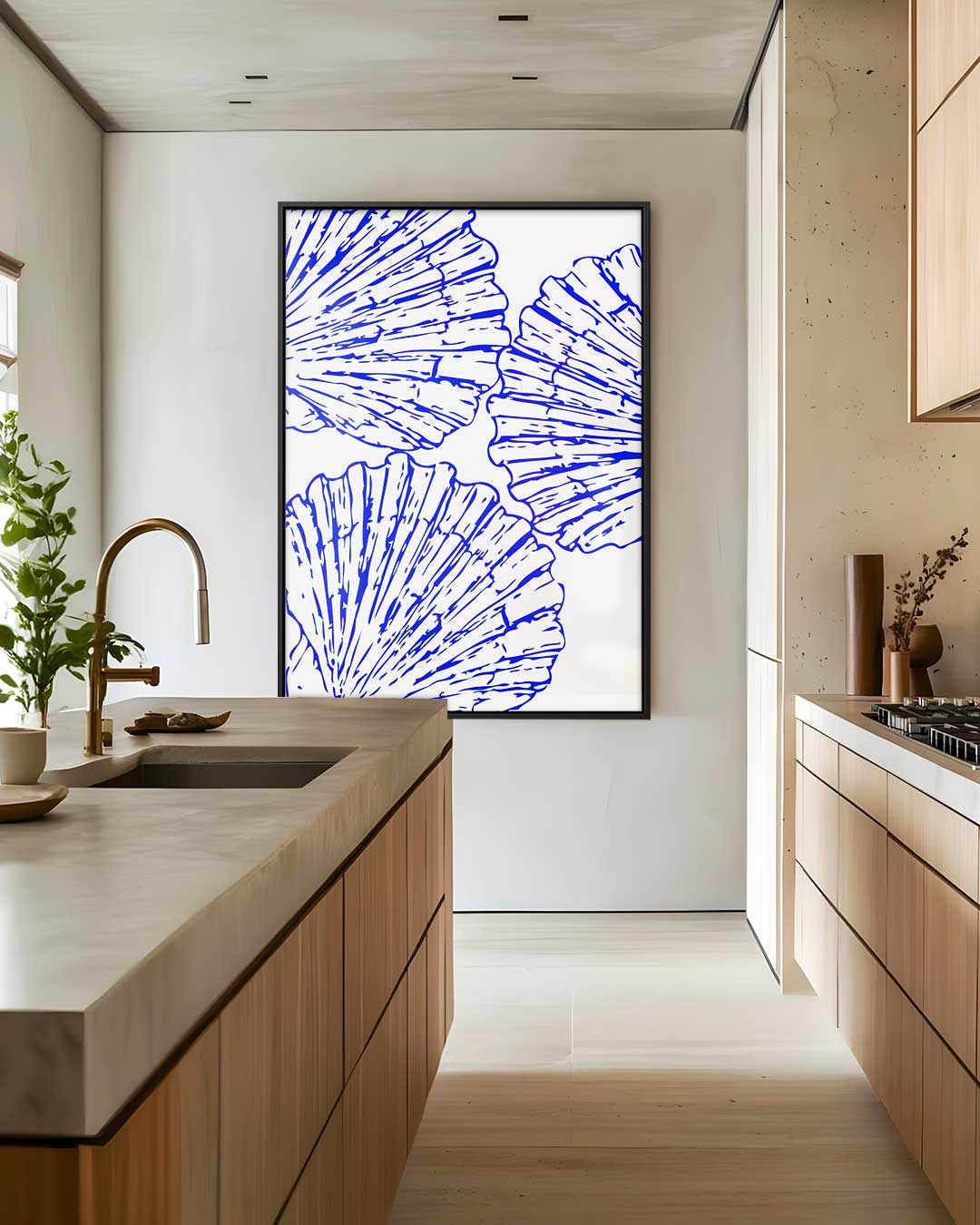 Blauwe schelpenpatroon – staand kunstwerk voor modern interieur