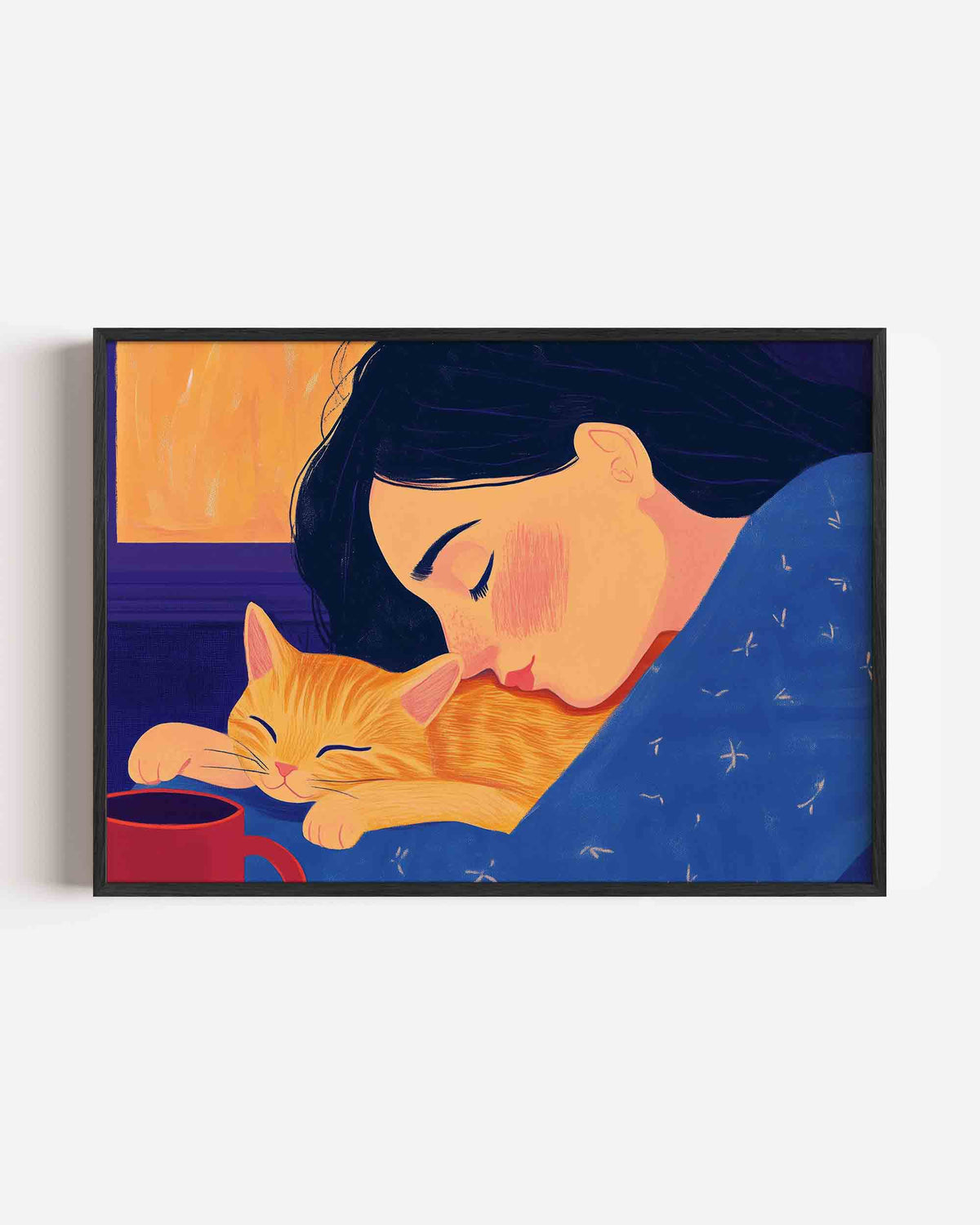 Slapende vrouw met kat – vrouwelijk portret als landscape poster