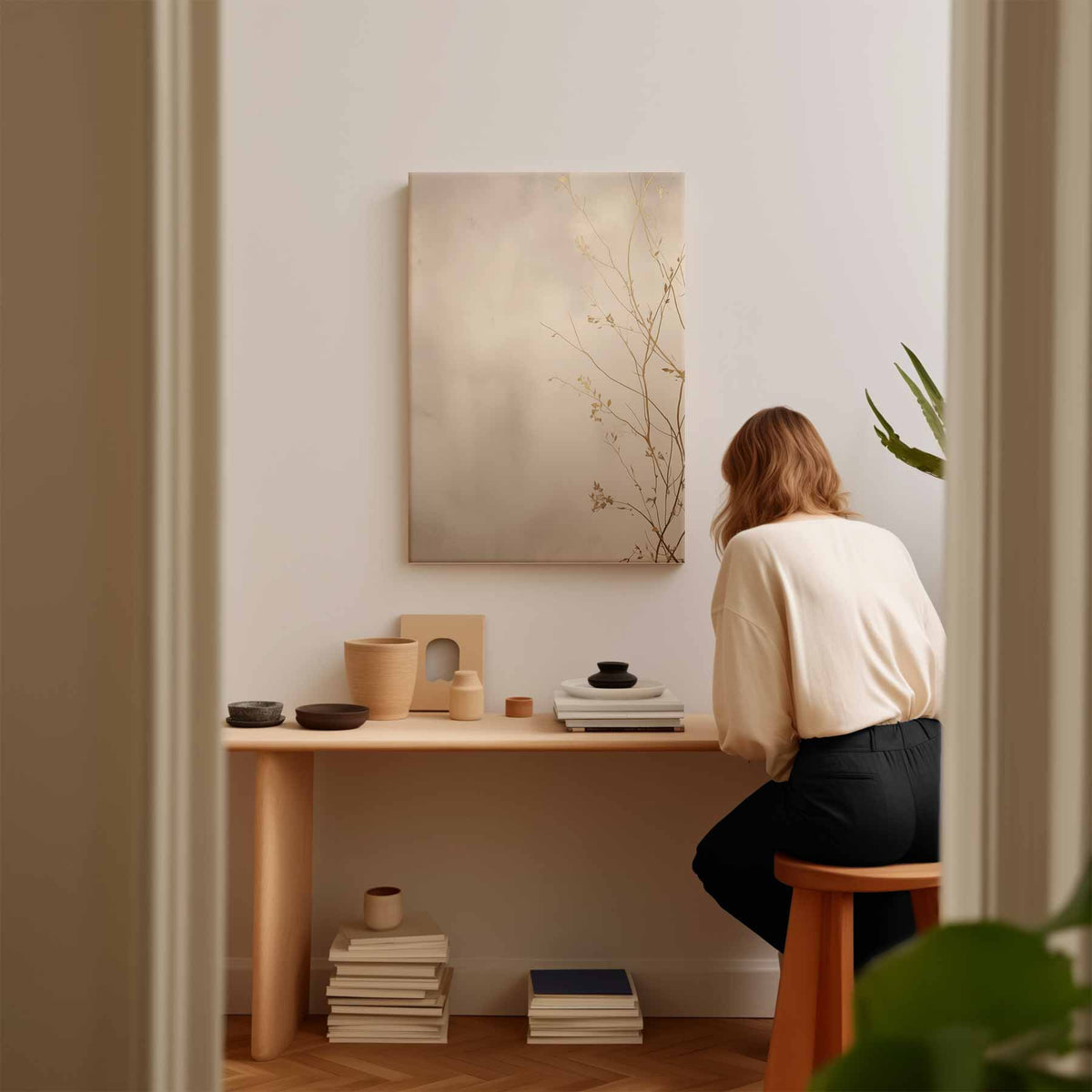 Gouden Zweepslag: Minimalistische Takken – portret kunstwerk als wanddecoratie, afbeelding 17
