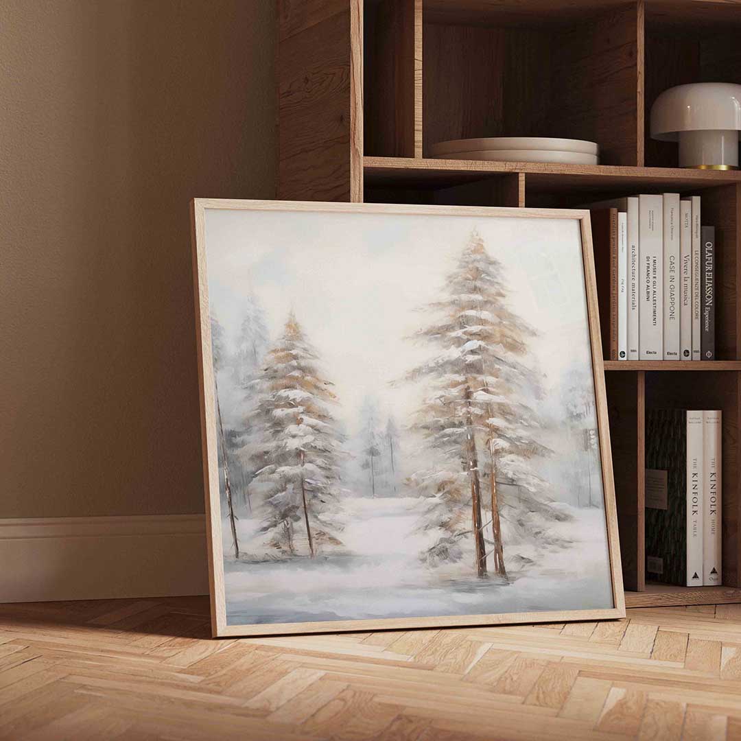 Besneeuwde bomen – vierkante kerst wanddecoratie van WallArtistic