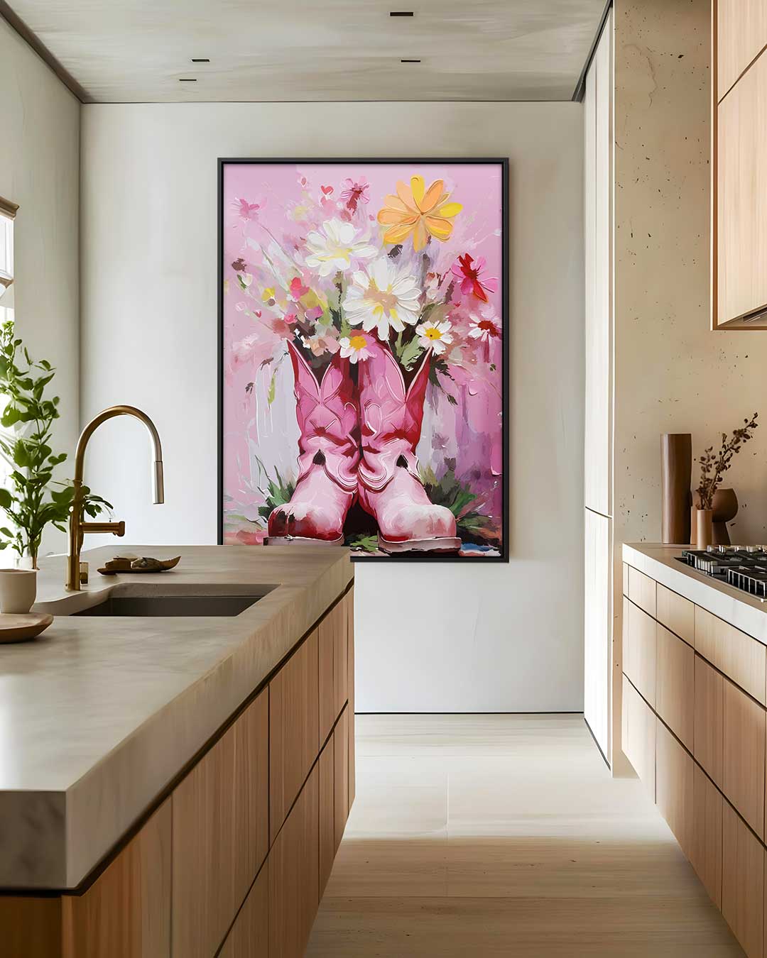 Cowboylaarzen met Bloemen – kunstwerk met zwarte baklijst