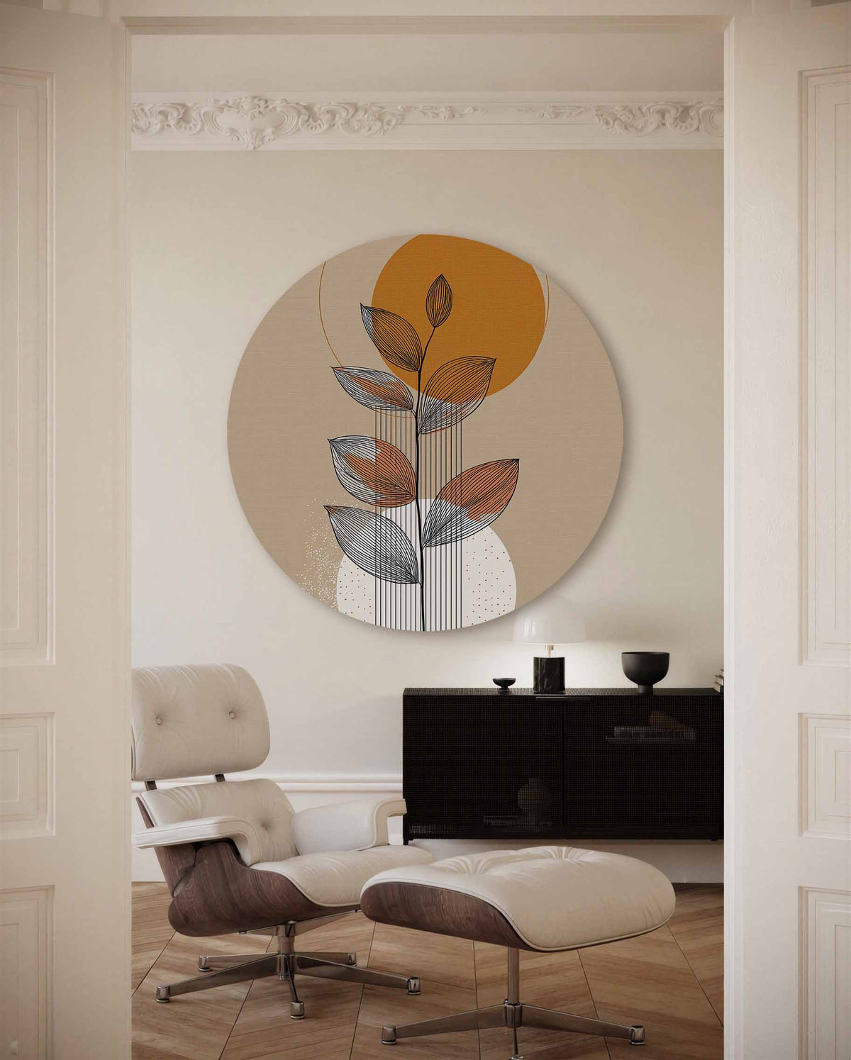 Bladeren en cirkels – moderne abstracte muurcirkel voor aan de muur
