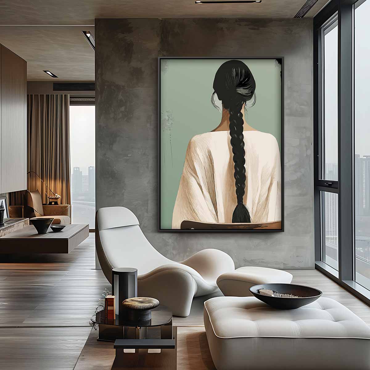 Vrouw met Vlecht – plexiglas kunstwerk als wanddecoratie