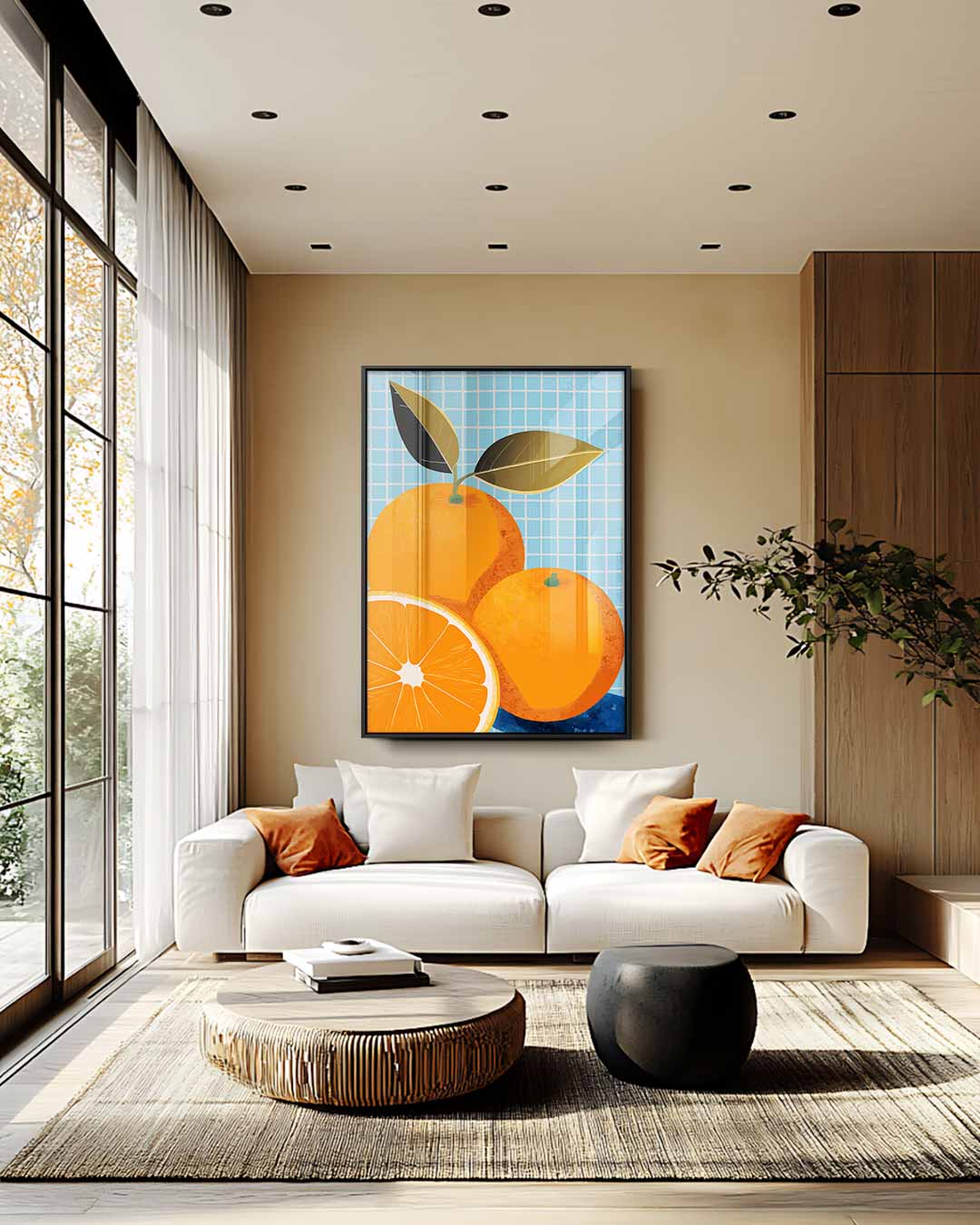Vrolijke Sinaasappels op Blauw – plexiglas wanddecoratie in portret formaat