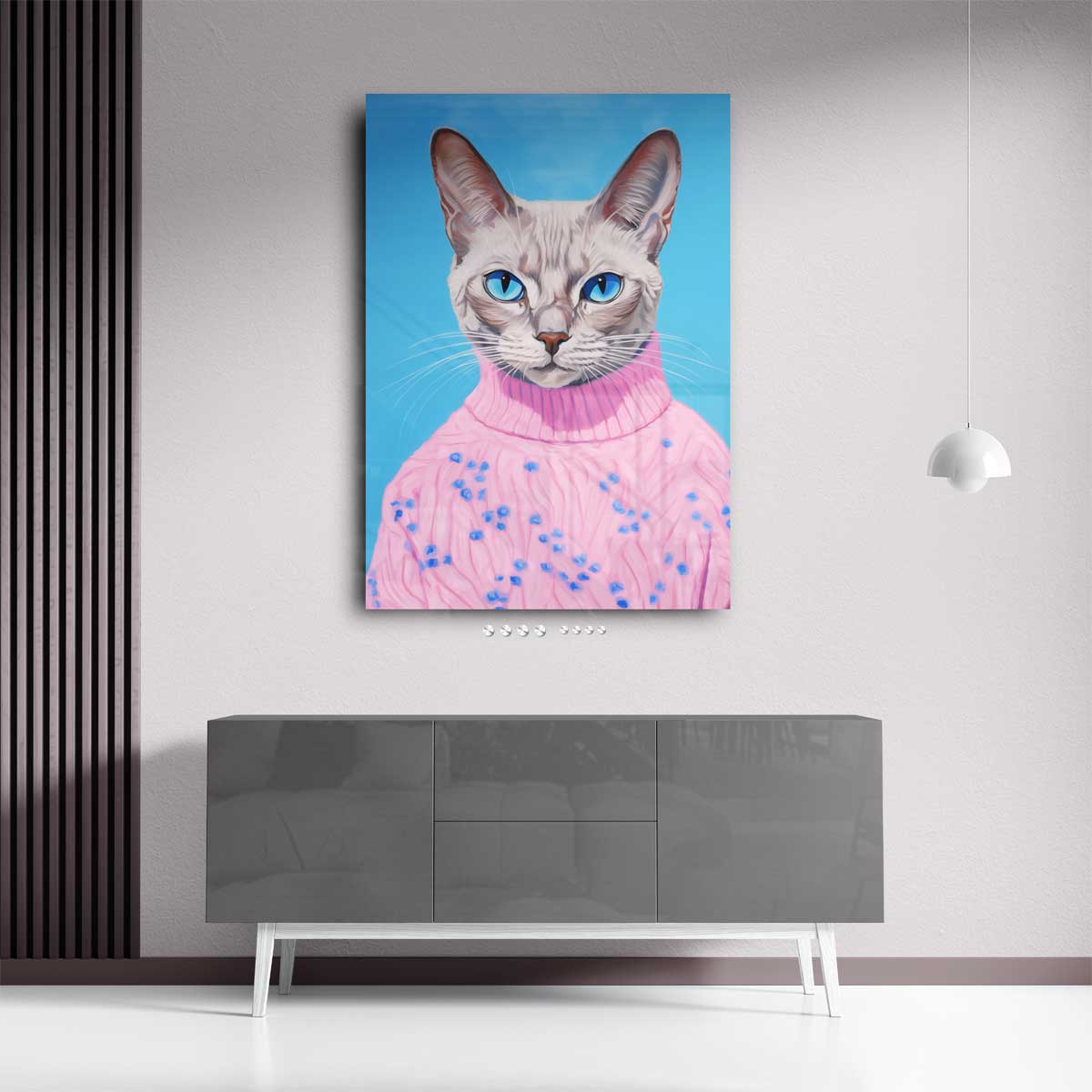 Kat in Roze Trui Portret – kunstwerk met zwarte baklijst