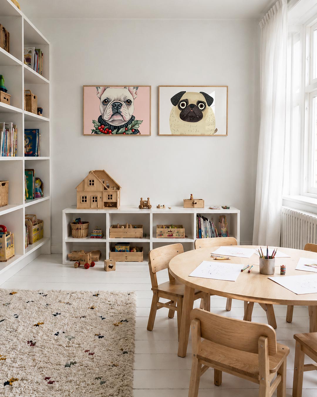 Interieurpresentatie van twee posters met een gedetailleerde tekening van een hond met een sjaal versierd met hulst en bessen